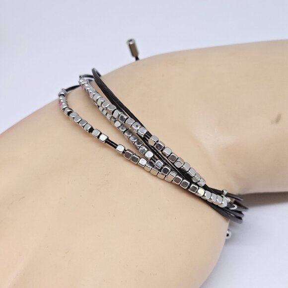 Fossil Brown Leather Multi Cord Silver Tone Beads Bracelet Boho - Picture 6 of 12